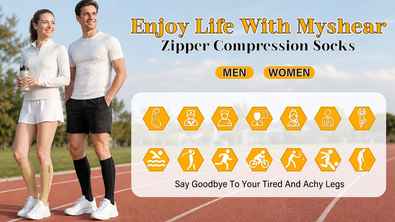 Zipper Compression Socks Men Women 15-20 mmHg Knee High Zip Up Black 4X-Large
