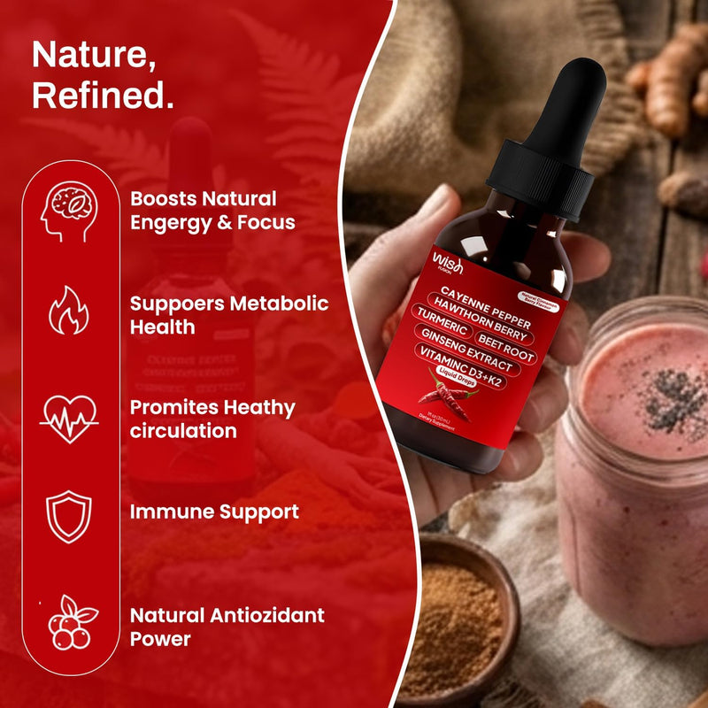 Cayenne Pepper Drops with Hawthorn Berry, Turmeric, Beet Root & Ginseng Vitamin D3 + K2, 2 Pack Organic Cayenne Pepper Drops for Men Support Circulation & Energy Liquid Cayenne Pepper