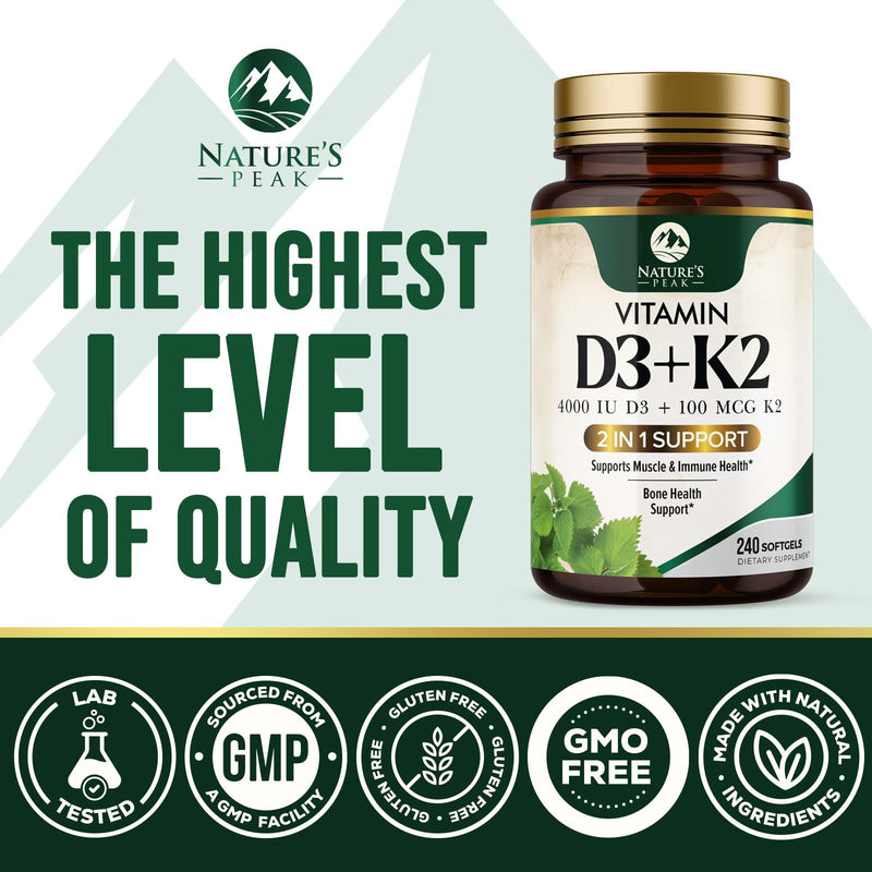 Vitamin D3 K2 - High Potency Vitamin D3 + K2 - 2-in-1 Complex Vitamin D & K2 (MK7) Supplement - Gluten Free - Bone & Immune Support - Vitamin D3 4000 IU Per Softgel - Bottled in the USA - 240 Softgels 240 Count (Pack of 1)