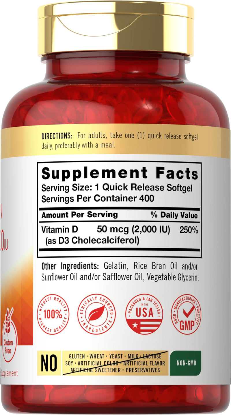 Carlyle Vitamin D3 2000IU Softgels | 400 Count | Non-GMO, Gluten Free Formula | 50 mcg | Vitamin D Supplement - BeesActive Australia