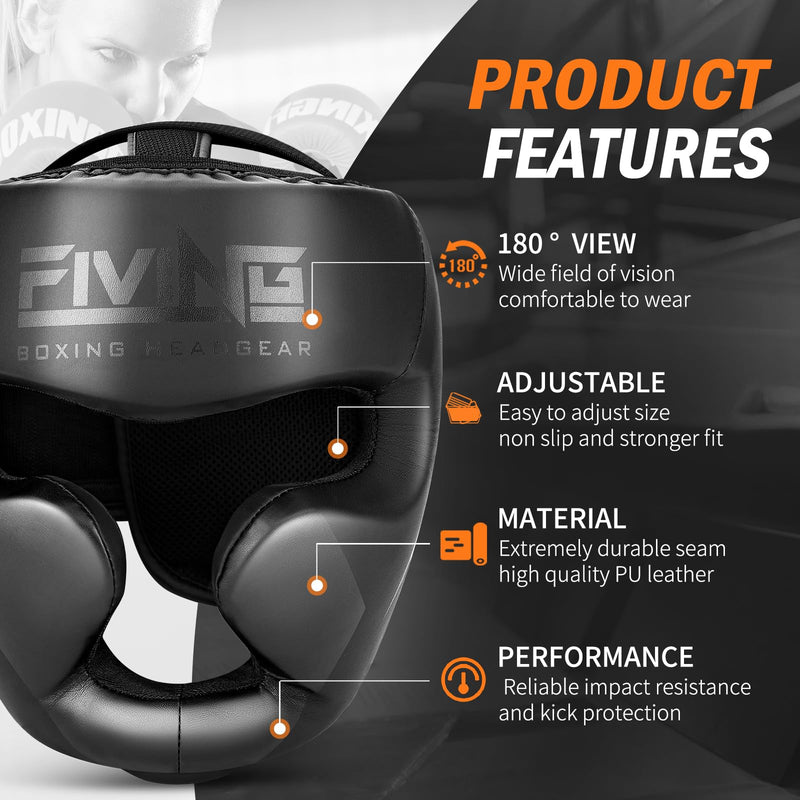 FIVING Headgear for Boxing,Martial Arts Headgear,Kickboxing Head Gear for Muay Thai,Grappling, Sparring, Kickboxing, Karate, Taekwondo Black/Black Medium
