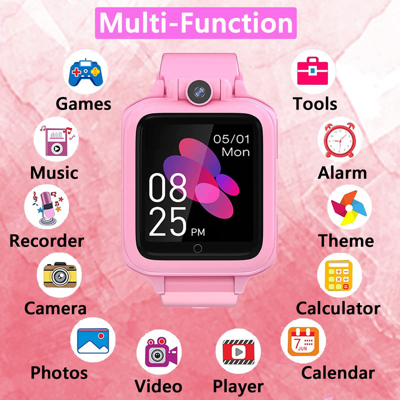 Smart Watch for Kids Kids Watch Education Toy 14 Puzzle Games MP3 Music Player Video Camera Alarm Clock Recorder Calculator Stopwatch Calendar Timer Christmas Birthday Gift for Boys Girls Ages 3-15 Kid-Pink