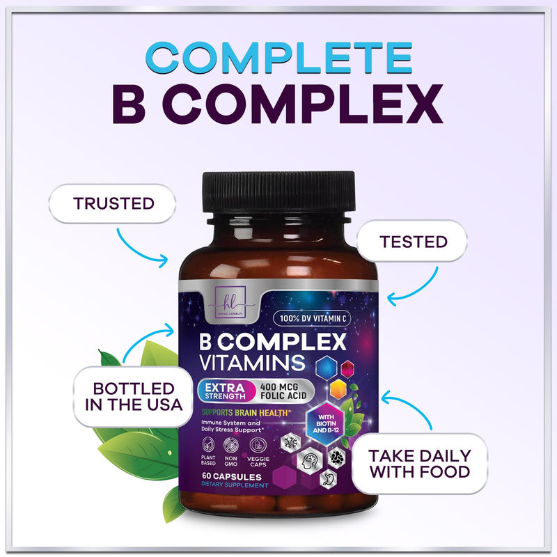 B Complex Vitamin Supplement - 3X Strength with Biotin, Vitamin C & Folic Acid - Super B12 Complex Vitamins for Energy, Supports Hair Growth, Immune Support for Women & Men, USA Bottled, 60 Capsules 60 Count (Pack of 1)