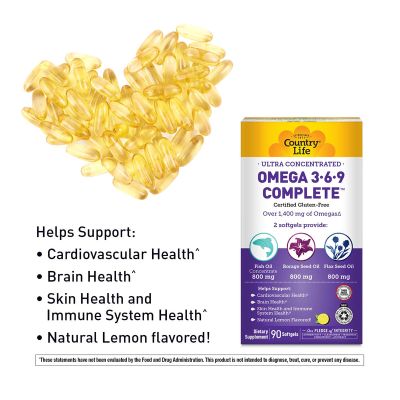 Country Life Omega 3-6-9 Complete, 1,534 mg per Serving, 90 Softgels | Fish, borage and flax seed oils provide EPA, DHA, GLA and ALA with natural lemon flavor; 45 servings