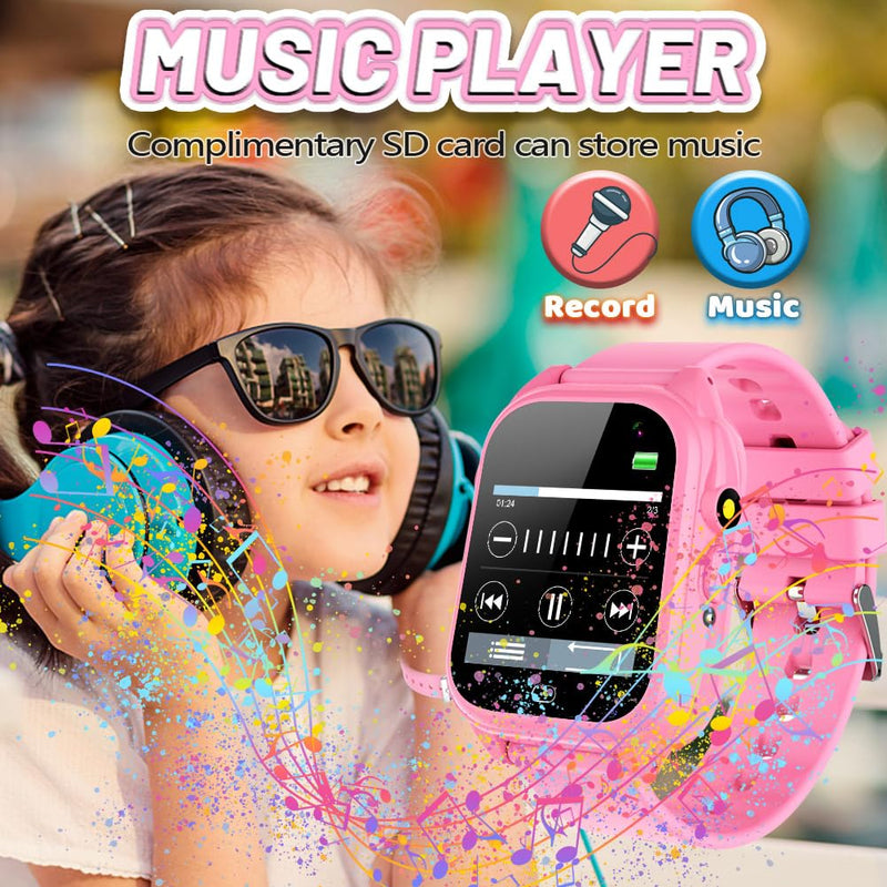 OVV Kids Waterproof Smart Watch Boys Girls Age 3-12 Learning Systems Toys with 26 Game 1.44'' HD Touch Screen Music Player Camera Video Recorder 12/24 Hr Clock Pedometer Alarm Torch Calculator pink - BeesActive Australia