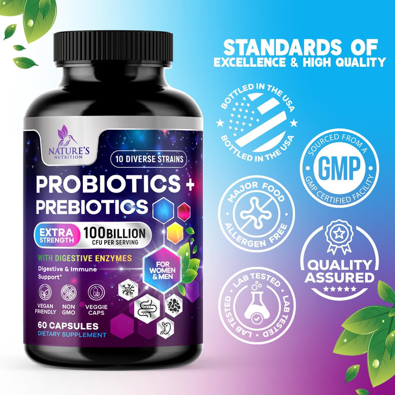 Probiotics 100 Billion CFU Per Serving - 10 Premium Strains + Prebiotics - Best Probiotic Supplement for Women & Men - Supports Immune, Digestive Health, Occasional Constipation & Gas - 60 Capsules 60 Count (Pack of 1)