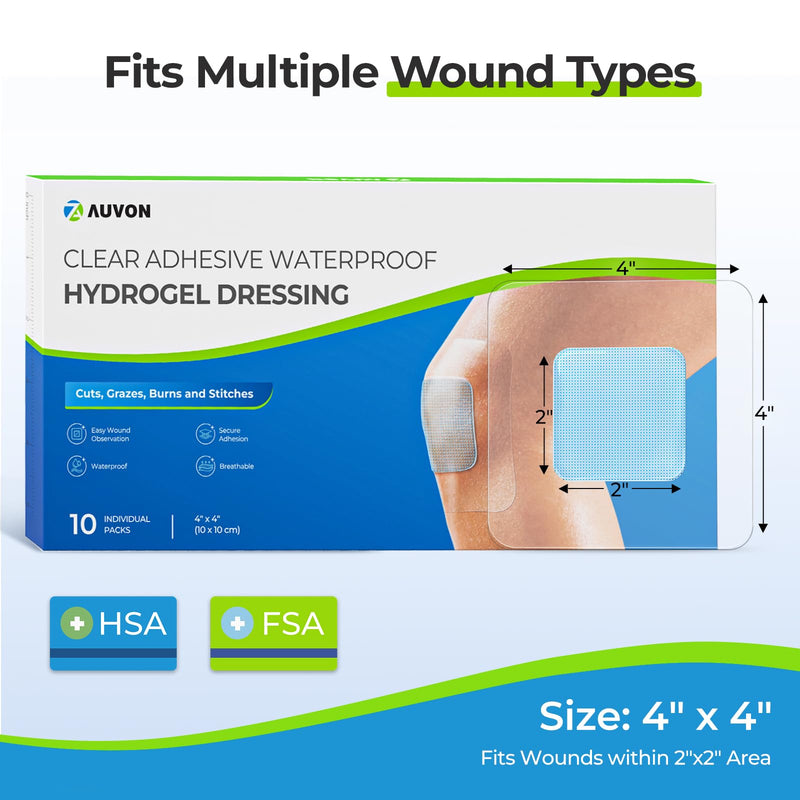 AUVON Hydrogel Burn Dressings 4" x 4" for Instant Cooling Relief & Moist Healing, Adhesive Burn Pads for 1st-2nd Degree Burns, Cuts, Abrasions, Waterproof Wound Dressing for Home First Aid Kit, 10 Pcs 4x4 Inch (10 Pcs)