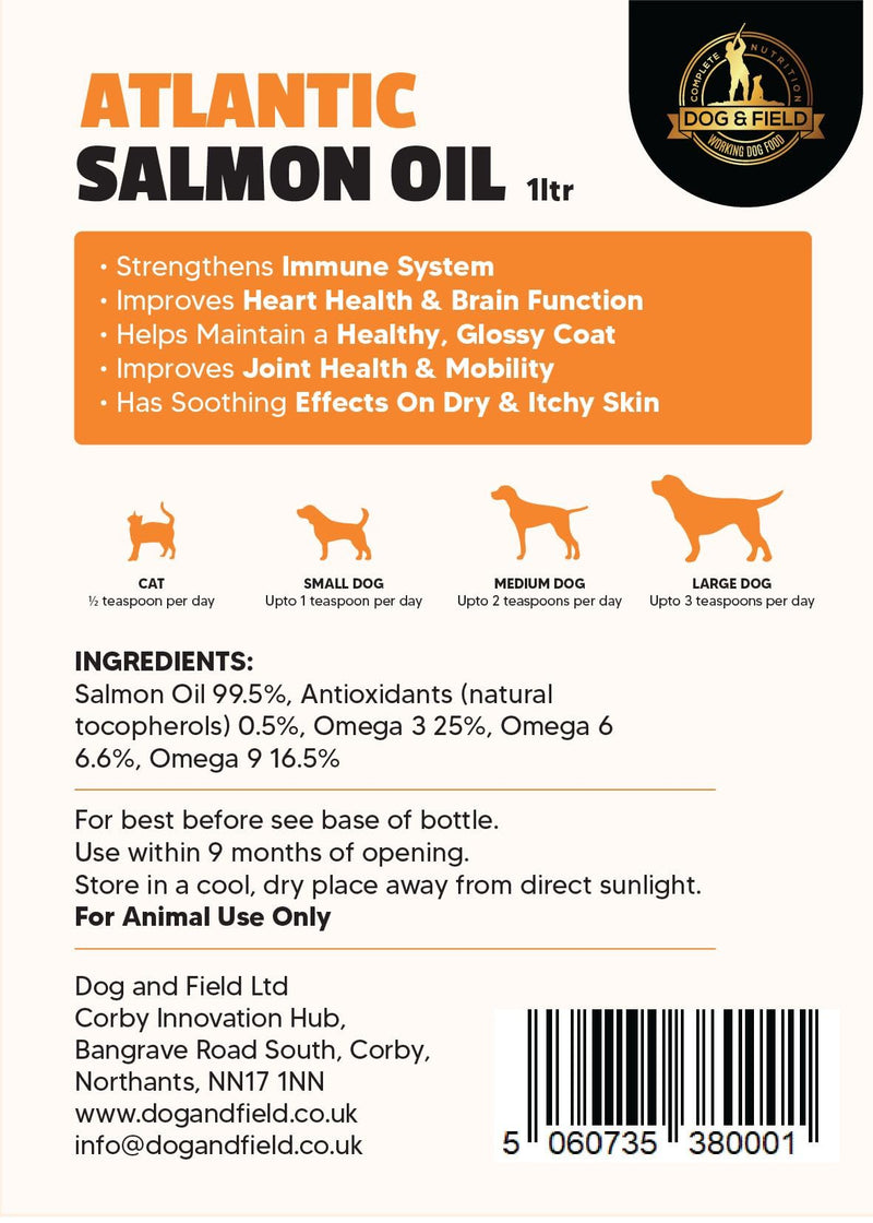 Dog & Field Atlantic Salmon Oil for Dogs, Cats & Pets - Omega 3 Fish Oil, Health Supplements for Joint Care, Immune Support, & Healthy Skin & Coat. Pet Food Supplement (1 Litre) 1 Litre