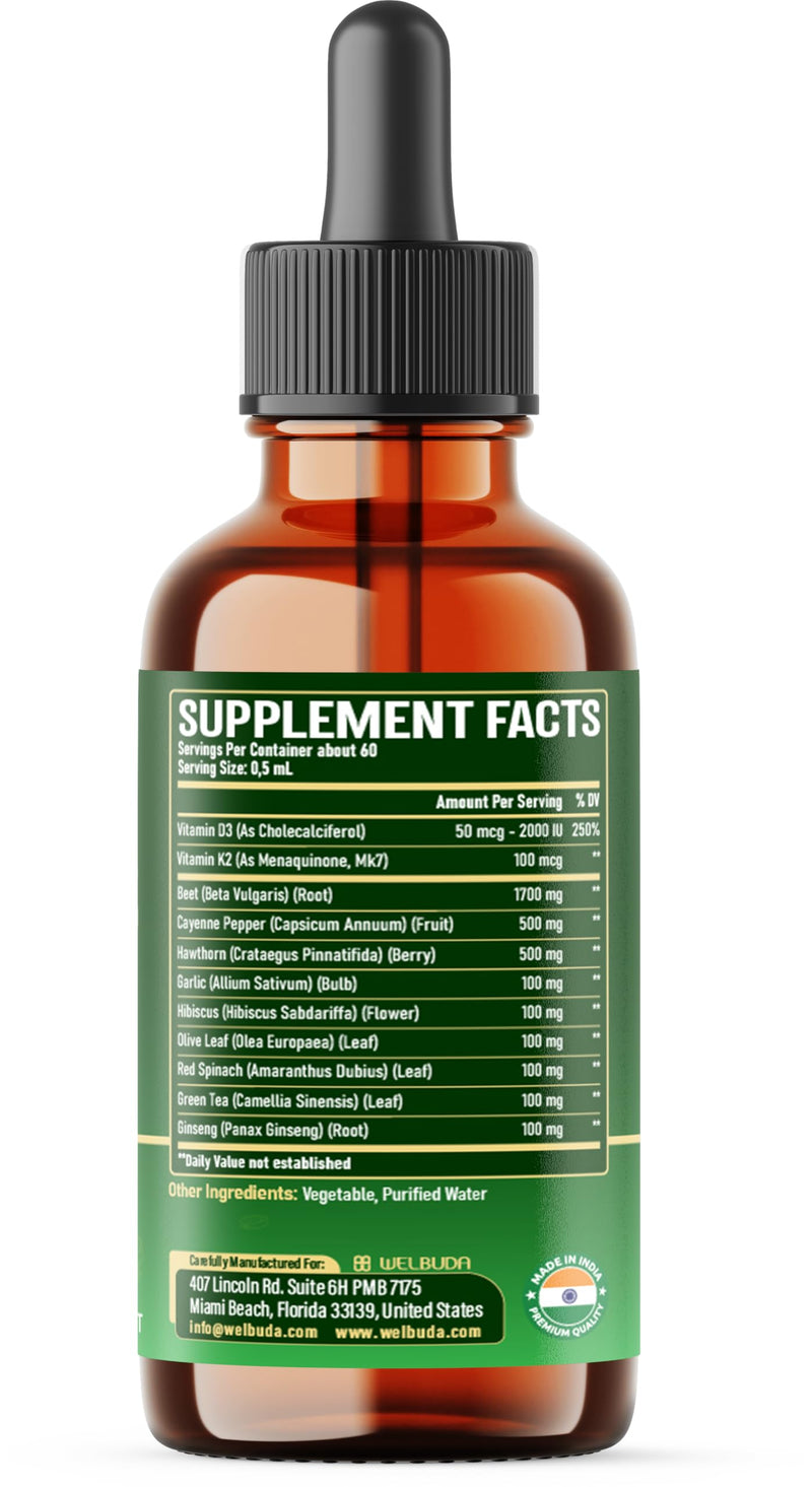 11in1 Beet Root Liquid Supplement - for Support Immune, Energy - with Vitamin D3, Vitamin K2, Hawthorn Berry, Cayenne Pepper, Garlic, Hibiscus, Olive, Red Spinach, Green Tea - 1 FL Oz - 30 Servings