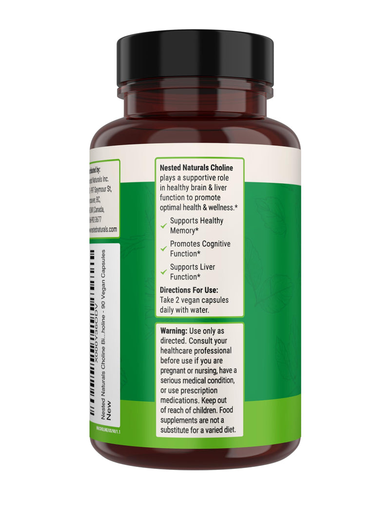 Nested Naturals Choline Bitartrate 500mg - High Potency Choline Supplements - Supports Cognitive Performance & Liver Function - 100% Vegan & Non-GMO Choline - 90 Vegan Capsules 90 Count (Pack of 1) - BeesActive Australia