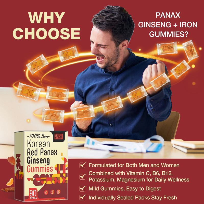 Sapotax Korean Red Panax Ginseng Supplement Gummies - Iron Supplements for Women & Men - Iron Gummies with Vitamin C, B6, B12, Potassium & Magnesium, Vegan - 90 Count 90 Count (Pack of 1)