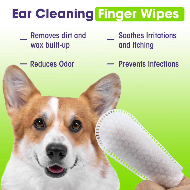 Pet Ear Wipes for Dogs & Cats - Gentle and Effective Ear Cleaning Solution - Remove Dirt, Wax and Odor - 50 Count Dog Ear Relief Finger Wipes