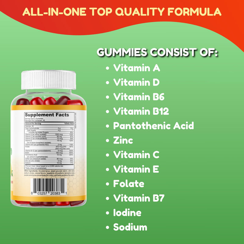 Halal & Vegetarian Multivitamin Gummies for Adults, 45 Servings. With 12 Essential Vitamins & Minerals. Gelatin & Gluten Free. Non GMO Gummy Vitamins for Women & Men Support Immune & Overall Wellness