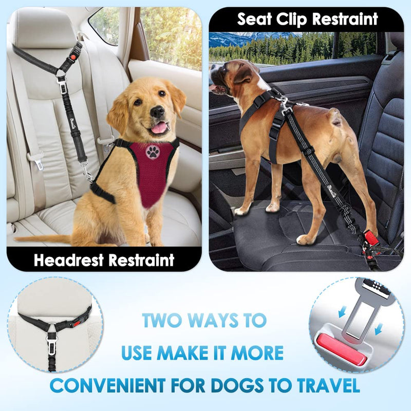 SlowTon Dog Seat Belt for Car, 2 Pack Dog Car Harness Seatbelt Adjustable with Elastic Bungee Buffer, 2 in 1 Pet Car Leash Headrest Restraint Dog Reflective Safety Tether (Black, Headrest+Clip) A.Black Headrest + Clip (Dual Restraint) - BeesActive Australia