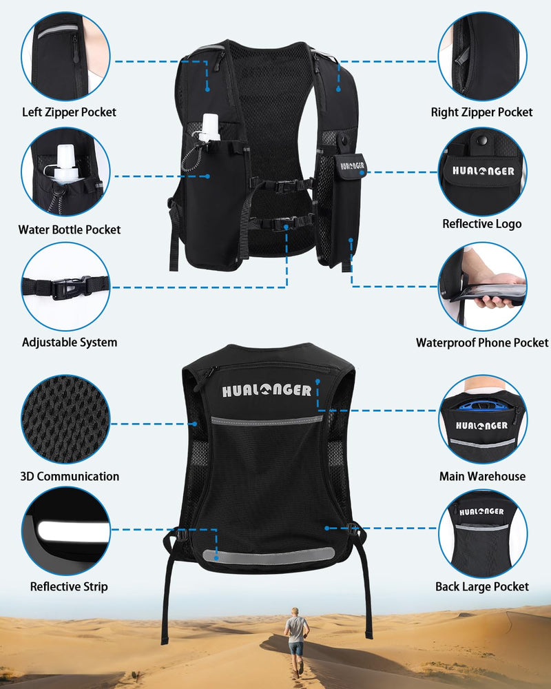 Running Hydration Vest for Women Men,Lightweight Breathable Hydration Pack with 500ml Soft Flask, Adjustable Chest Straps Reflective Backpack for Trail Running Marathon Race Jogging Cycling Black