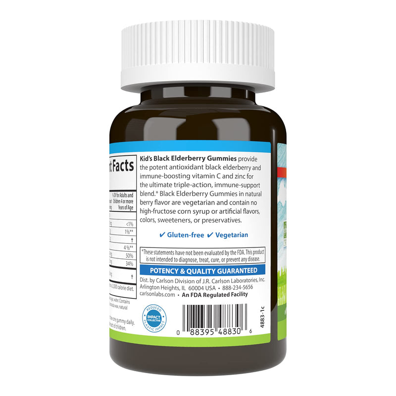 Carlson Kid's Black Elderberry Gummies, 100 mg, 60 Vegetarian Gummies | Berry; Black Elderberry Extract; with Vitamin C & Zinc; Non-GMO