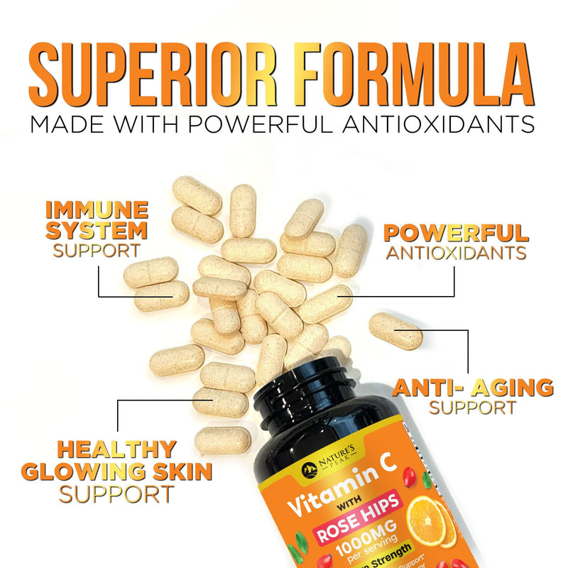 Vitamin C 1000mg Per Serving - Extra Strength Daily Immune Support with Rose Hips Chewable Supplement - Sugar Free Tasty Orange Flavor - Antioxidant & Collagen Support - USA Bottled - 120 Tablets 120 Count (Pack of 1)