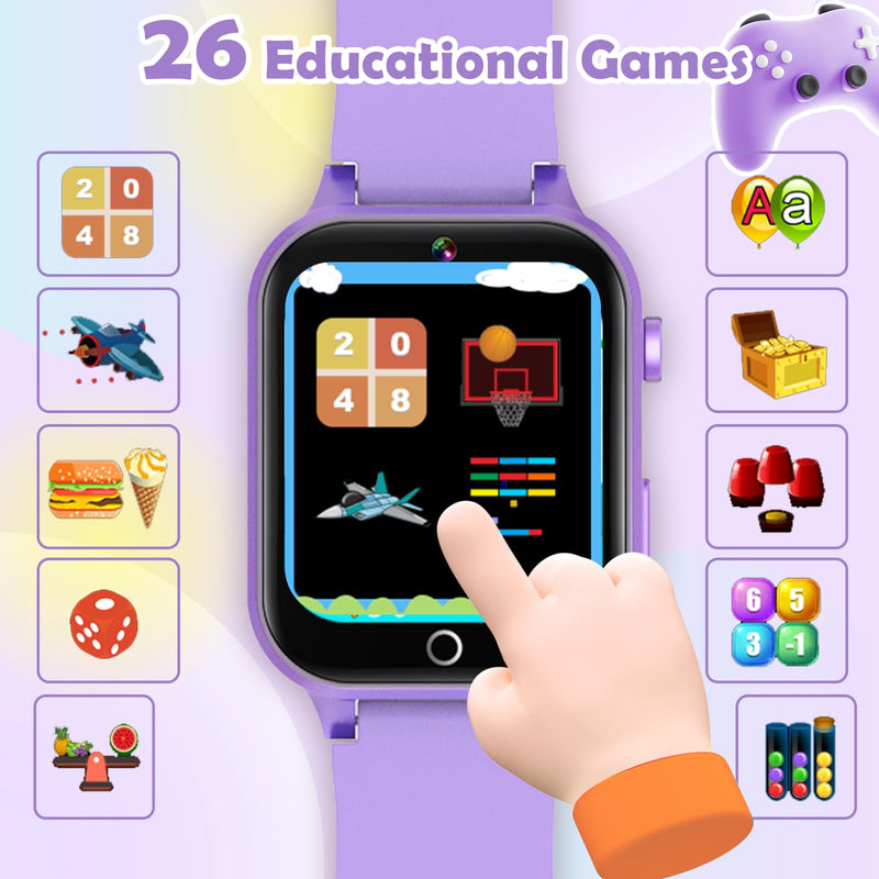 Luyiilo Kids Games Watch, with 26 Puzzle Games, Touch Screen, HD Camera, Alarm Clock, Toys for Ages 4-12 Years Old.Birthday Gift for Boys Girls (Purple) Purple
