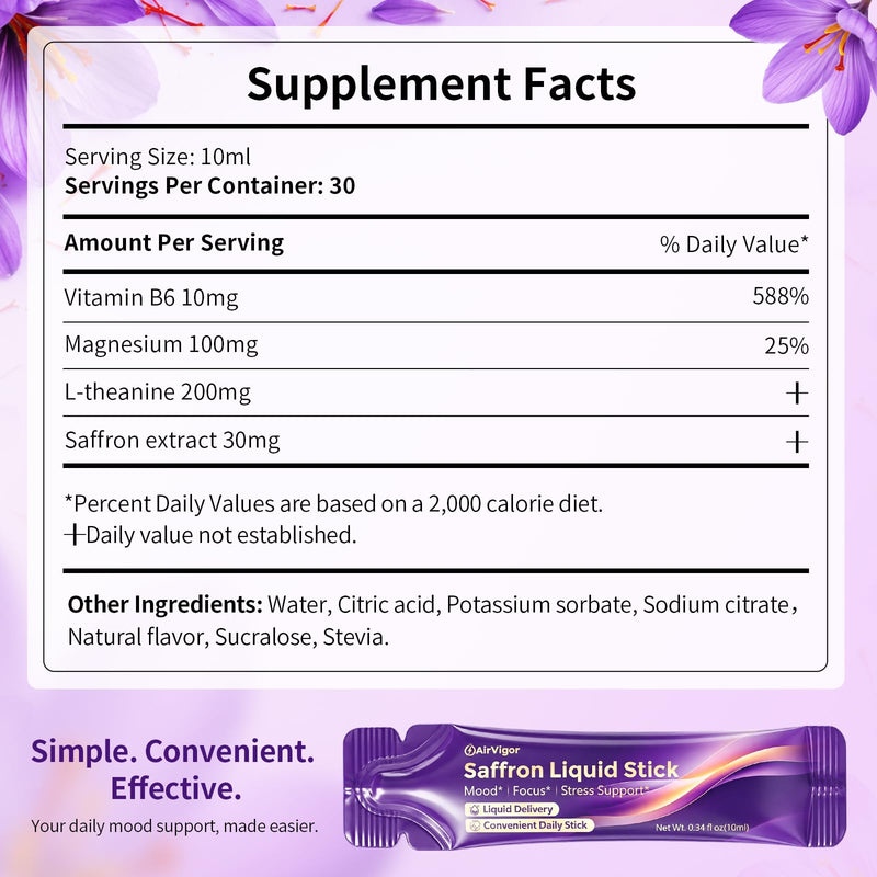 Saffron Supplement, Liquid Saffron Extract for Mood Support | No Pills, Daily Liquid Stick Packs with L-Theanine, Magnesium & Vitamin B6 for Calm Focus, Stress Support, Non-GMO & Vegan