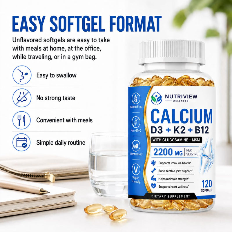 Nutriview Calcio D3 K2 B12 Softgels, 2200mg Calcium Supplement with Vitamin K2, D3, B12, Glucosamine &Chondroitin, Bone, Teeth & Muscle Function Support, Non-GMO, 120 Softgels