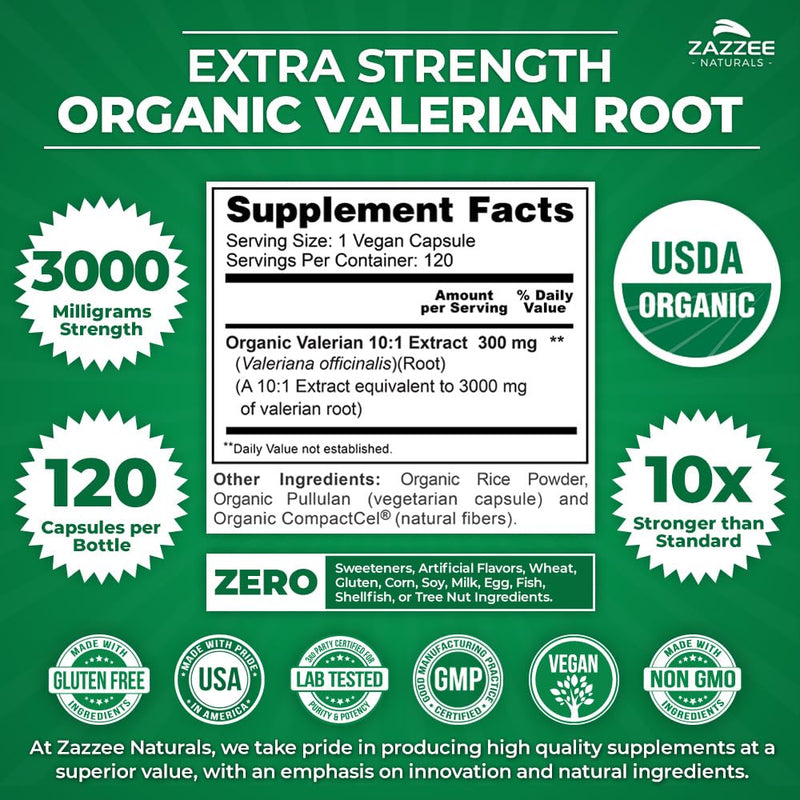 Zazzee USDA Organic Valerian Root 10:1 Extract, 3000 mg Strength, 120 Vegan Capsules, 4 Month Supply, Valeriana officinalis, 10X Potency, 100% Vegetarian, All-Natural, Non-GMO, Made in The USA - BeesActive Australia