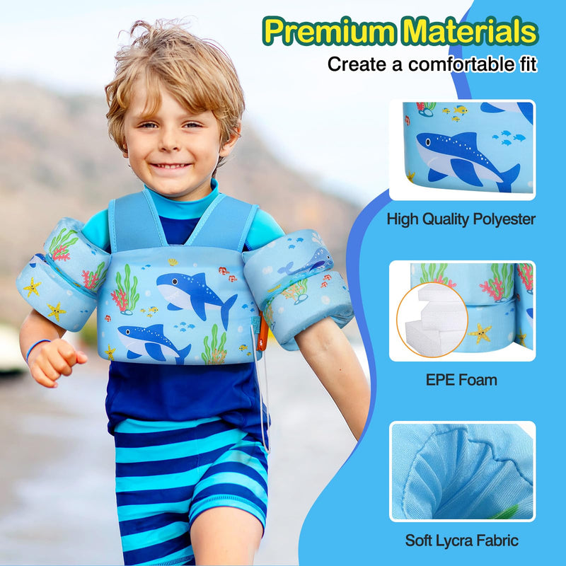 MoKo Toddler Swim Vest for Kids, Swim Arm Floaties 22-66 lbs Boys and Girls Cartoon Swimming Water Wings Pool Float Vests Sleeves Shoulder Straps Arm Band for Children Learn to Swim, Blue Shark A-Sky Blue Shark for kids 22-66 lbs