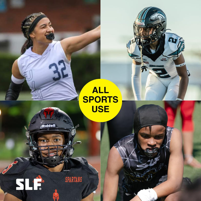 SLEEFS Football Mouth Guard - Lip/Mouthguard with Helmet Strap - Lip/Teeth Protector Mouthpiece - No Boil - for Youth/Adults, Maximum Air Flow, for All Sports - Momma This One for You Black - BeesActive Australia
