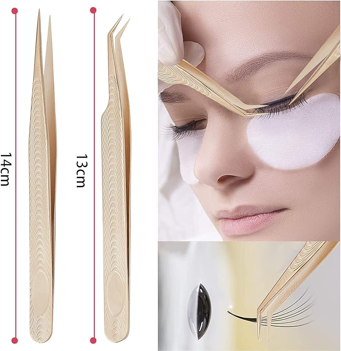 NICENEEDED 2pcs Eyelash Extension Tweezers Set in Case, Gold Volume Lashes & Straight Tweezers for Lash Extension - BeesActive Australia