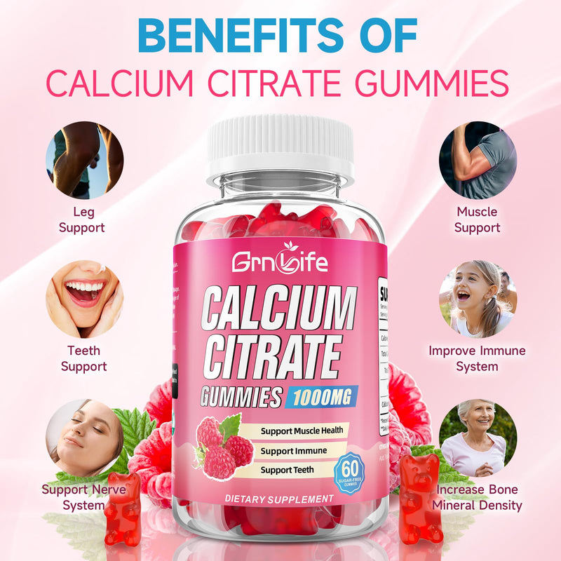 2 Pack Calcium Citrate Gummies, Sugar Free Calcium Citrate 1000mg for Muscle Healthy, Absorption Calcium Supplements for Adults & Kids, Raspberry, 120 Count 120 Count (Pack of 1)