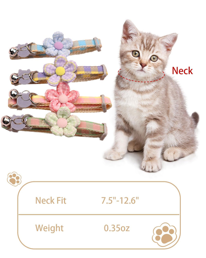 Plaid Kitten Collar with Flower，Cat Collar Breakaway with Bell，Cat Collars for Girl Cats，Adjustable 7 to 12.6 inches for Small and Medium Pets (Pink & Purple) Pink & Purple - BeesActive Australia