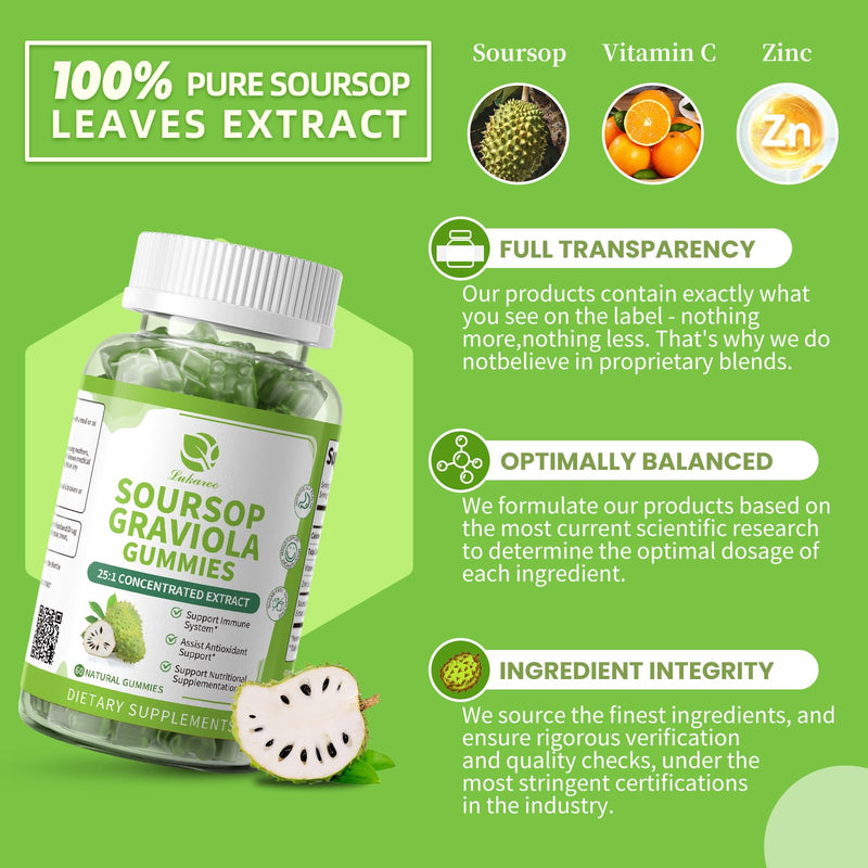 (2 Pack) Soursop Gummies - Soursop Leaves Concentrated Extract for Immune | Herbal Extracts w/Vitamin C, Zinc & Natural Food for Liver, Calming & Antioxidant, Sugar Free, Gluten Free, Vegan, 60 Gummies 60 Count (Pack of 2)