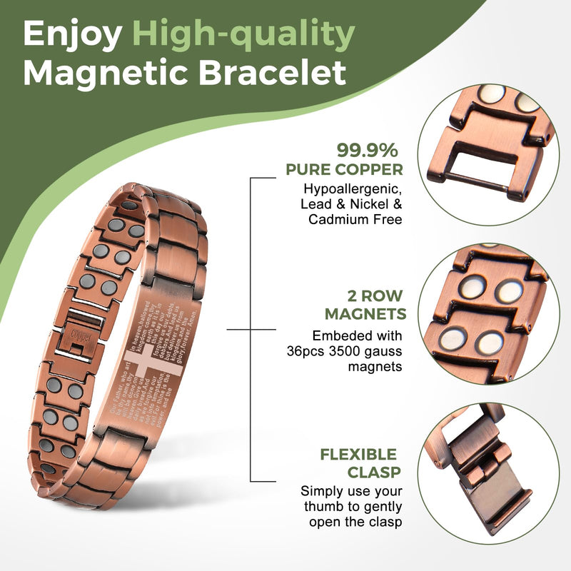MagEnergy Copper Bracelet for Men, Cross Copper Magnetic Bracelet with Ultra Strength Magnets, Adjustable Link Jewelry Box Gift (Sizing Tool) Copper-Matthew 6:9-13