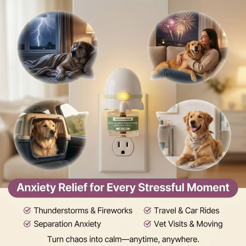Dog Calming Pheromone Diffuser Kit, Pet Diffuser for Stress Support, Reduces Stress and Promotes Relaxed Behavior, 2 Plug-in & 4 Packs Refill, 120 Day Supply (Non-Toxic, Safe & Inedible), with Light 6 packs - Rocket Diffuser