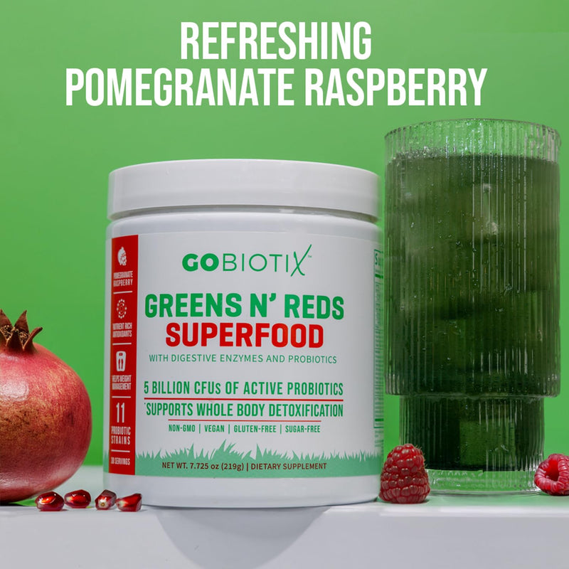 GOBIOTIX Super Greens and Reds Powder - Red and Green Superfood - Probiotic Supplement - Digestive Enzymes and Beet Root Powder - Organic Whole Foods Dietary Supplement (Pom Raspberry, 1 Pack) Pomegranate Raspberry 7.73 Ounce (Pack of 1)