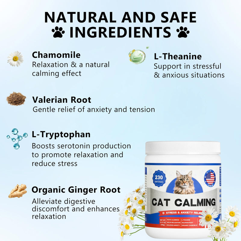 Calming Chews for Cats 230ct, Cat Calming Chewable with Valerian Root & Organic Chamomile for Cats Supports Calm Adaptation - Travel, Boarding, Vet Visits, Tasty Calm Chews Supplement Chicken