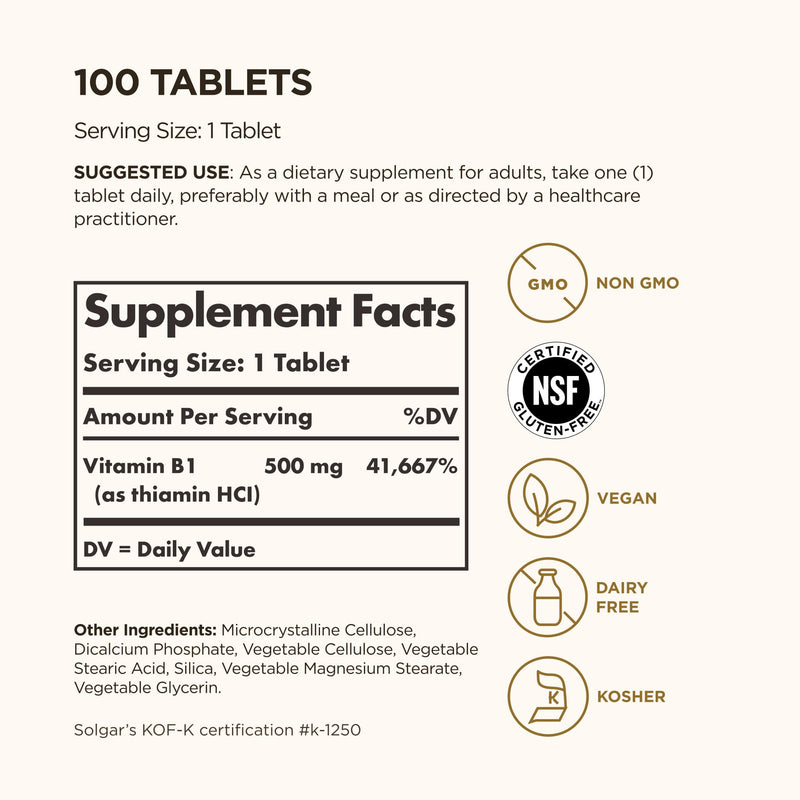 Solgar Vitamin B1 (Thiamin) 500 mg, 100 Tablets - Energy Metabolism, Healthy Nervous System, Overall Well-Being - Super Potency - Non-GMO, Vegan, Gluten Free, Dairy Free - 100 Servings, (Pack of 2) Unflavored 100 Count (Pack of 2)