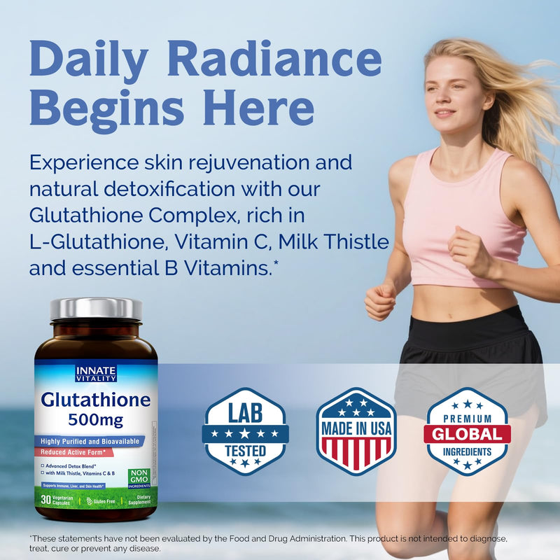 Innate Vitality Glutathione Supplement 500mg, Bioavailable Reduced Glutathione, with Milk Thistle, Vitamin C, B Complex, Immunity Defense, Liver, Antioxidant Support, 30 Capsules 30 Count (Pack of 1)