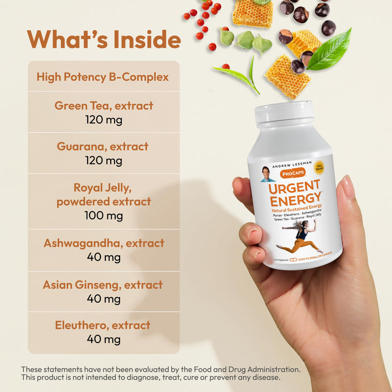 ANDREW LESSMAN ProCaps Urgent Energy B-Complex 180 Capsules | Advanced Energy Formula with B-Complex Vitamins, Adaptogenic Herbs & Natural Caffeine. No Jitters. 180 Count (Pack of 1)