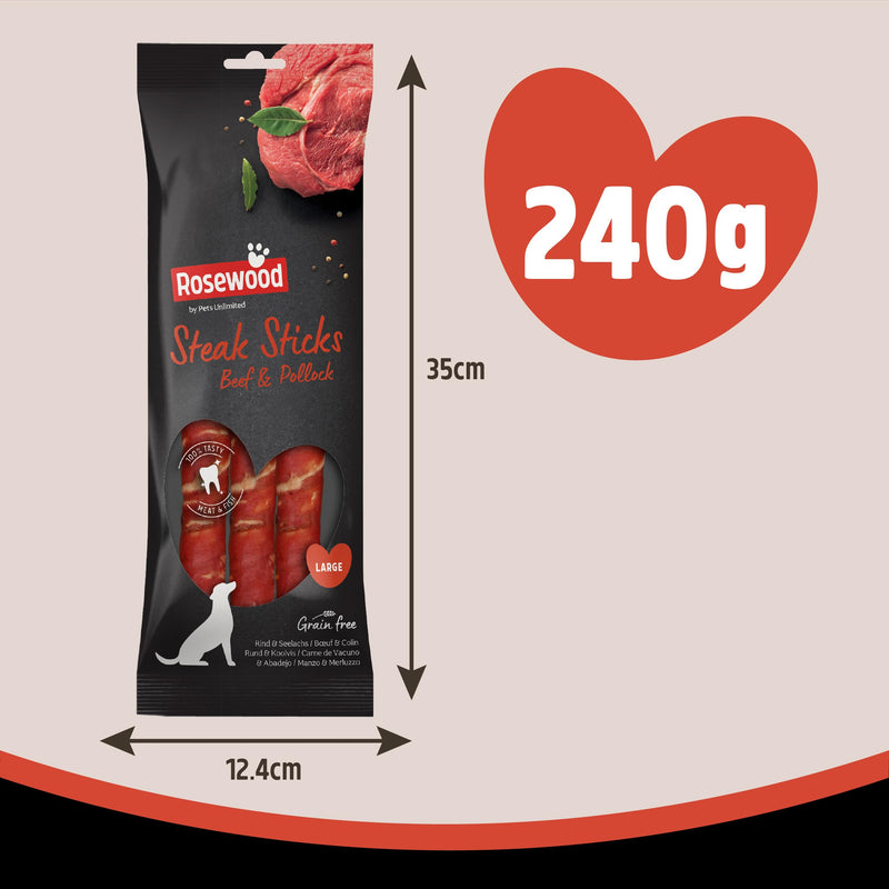 Rosewood Large Steak Sticks for Dogs - Made with Beef and Pollock, Grain Free Chews, High Protein Dog Treats, By Pets Unlimited (240g) 240 g (Pack of 1)