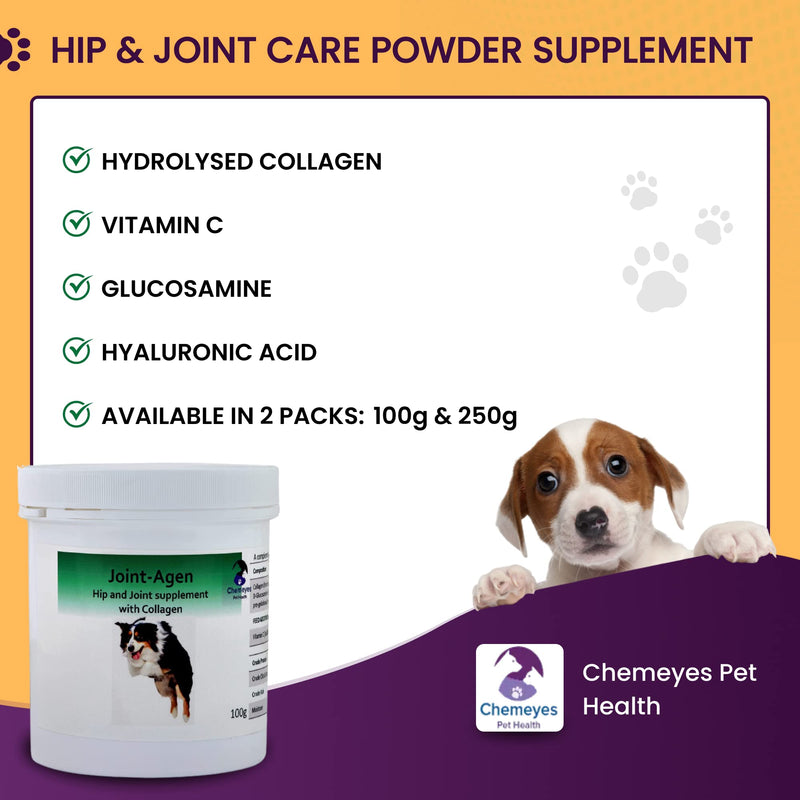 Chemeyes Joint-Agen Hip & Joint Care Powder Supplement for Dogs with Hydrolysed Collagen, Glucosamine, Vitamin-C & Hyaluronic Acid - Promotes Supple & Mobile Joints, Hip & Joint Support - 250g 250