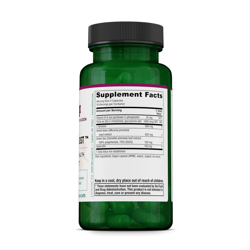 Vitanica Dopamine Assist, Dr Formulated Dopamine Supplement, L-Tyrosine, Mucuna Pruriens Neurotransmitter Mood Support, Vitamin B6, Folate, Green Tea Extract Quercetin Vegan, 60 Capsules Consumer Line