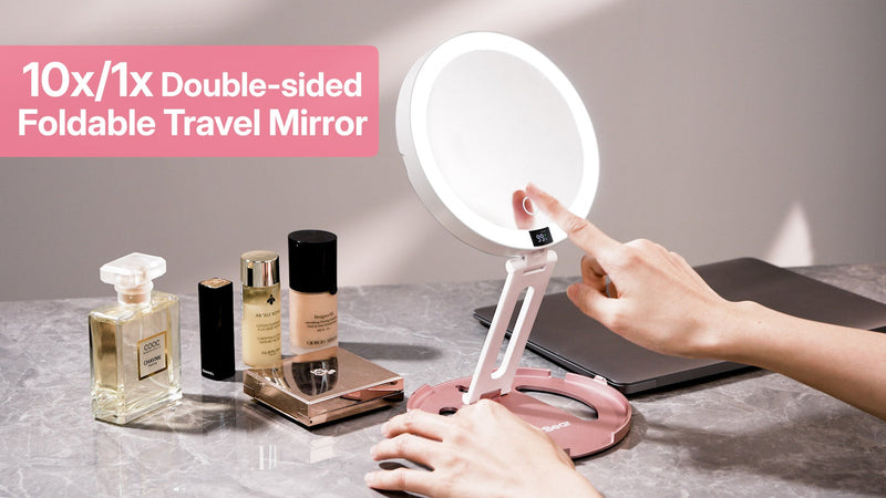 LitBear Travel Makeup Mirror with Lights, 10X/1X Foldable Magnifying Mirror Rose Gold