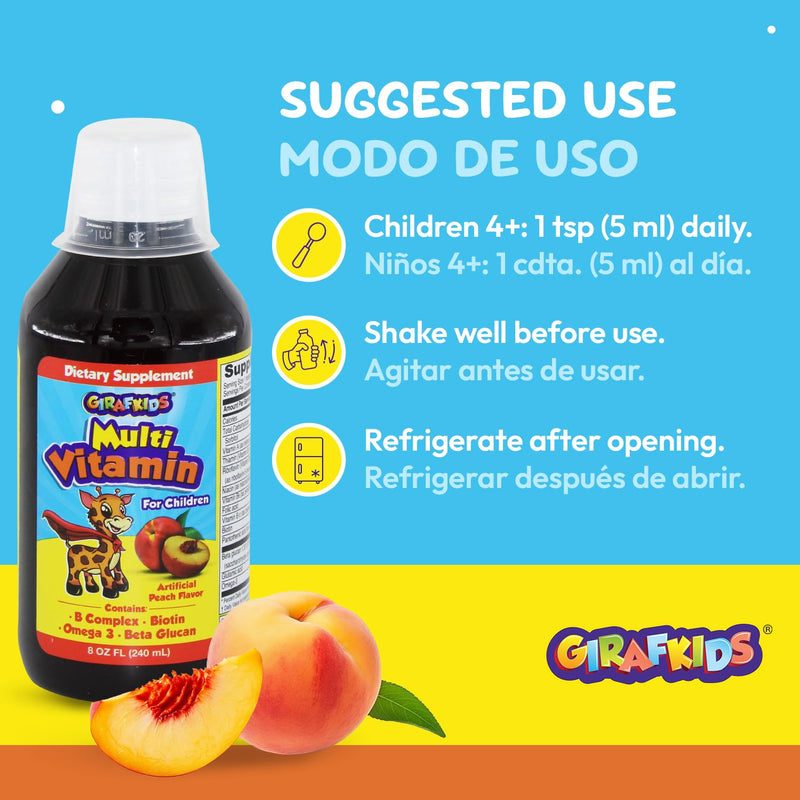 GirafKids Liquid Multivitamin for Kids with B Complex, 8 Fl Oz, Ages 4+ | Daily Child Vitamins Biotin, Vitamin A, Folic Acid, Omega-3 & Beta Glucan - Dietary Supplement for Kids Growth and Energy Peach