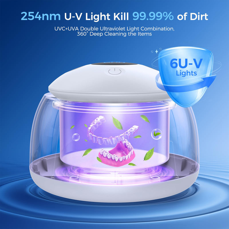 TEBAL Ultrasonic Retainer Cleaner Machine, 52kHz Ultrasonic Denture Cleaner for Night Guards, Braces, Aligner, Toothbrush, Jewelry and More, Dental Cleaning Pod with Digital Timer & 250ML, White