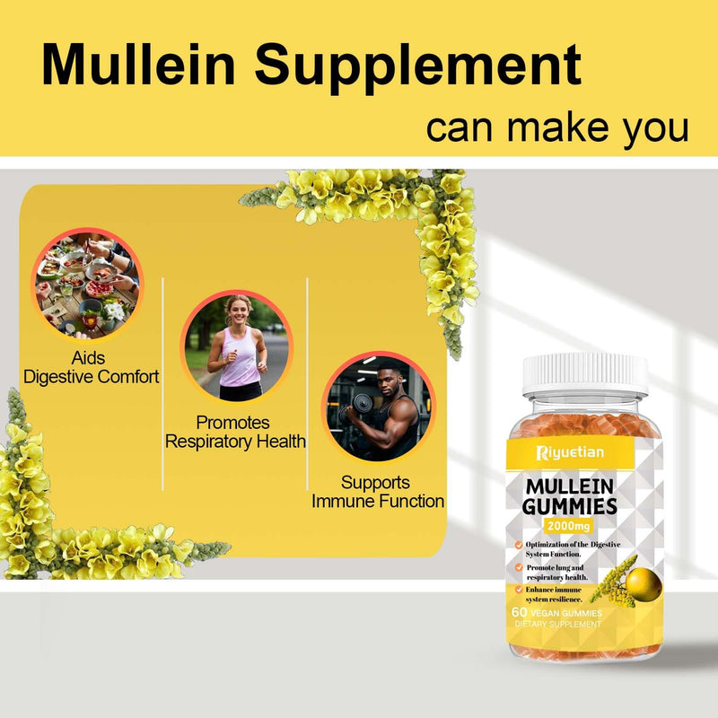 Mullein Gummies, 2000mg Organic Mullein Leaf Extract with Quercetin, Bromelain & Vitamin D3, Mullein Leaf Extract for Respiratory, Natural Lung Cleanse, Improve Appetite, Vegan, Non-GMO, 1 Pack 60 Count (Pack of 1)