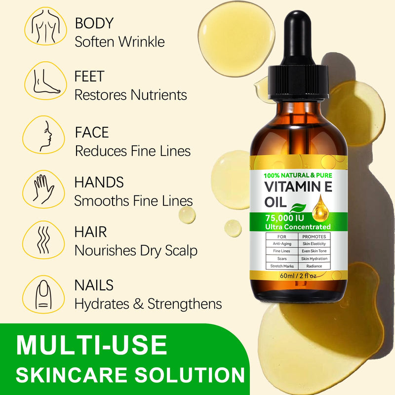 Vitamin E Oil for Skin - 75,000 IU | Vitamin E Oil for Scars, Stretch Marks, Wrinkles, 100% Natural d-Alpha Tocopherol for Face & Hair, Moisturizing Anti-Aging (120 ML) 2 Fl Oz (Pack of 2)