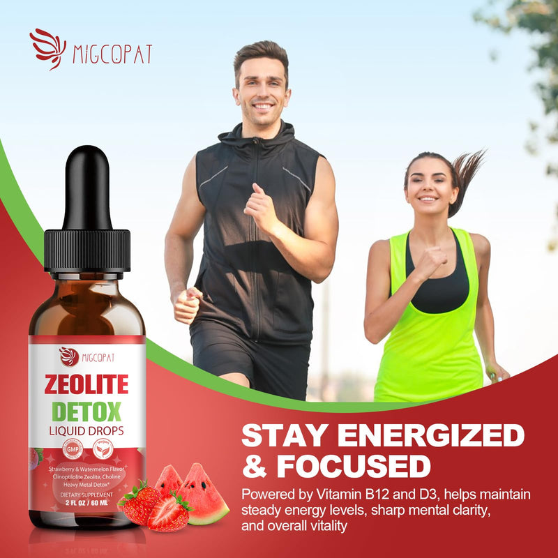 Migcopat Zeolite Detox Liquid Drops with B12, D3 & Vitamin C, 60ml | Pure Body Cleanse Support for Heavy Metals, Natural Zeolite Formula, Strawberry Watermelon Flavor 2 Fl Oz (Pack of 1)