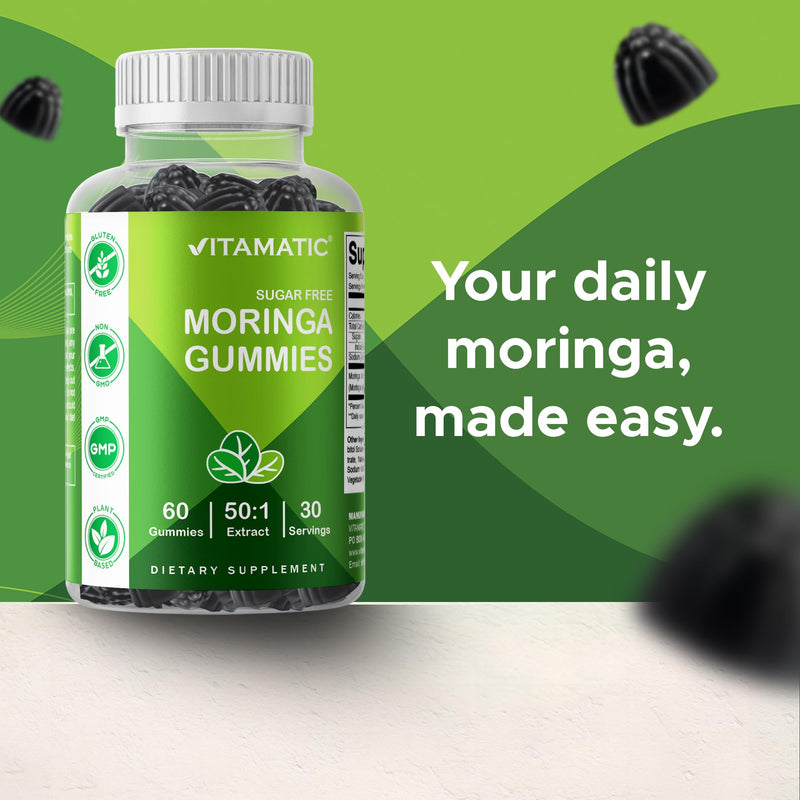 Vitamatic Moringa Gummies – Sugar-Free Botanical Extract – Green Superfood Supplement – Vegan, Pectin-Based, Non-GMO – Plant-Based Gummies – 60 Count 60 Count (Pack of 1)