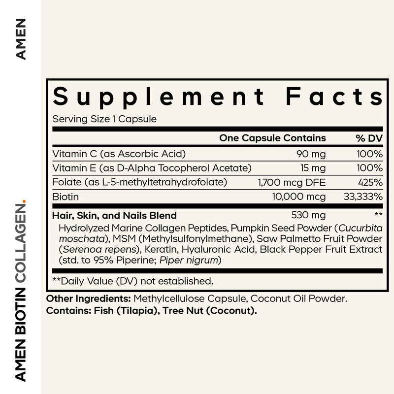 Amen Biotin Collagen Vitamins+ 10,000 mcg Biotin, Vitamins, 90 Capsules | Biotin 10,000 mcg with marine collagen, keratin, MSM, hyaluronic acid and vitamins C and E. Non-GMO.