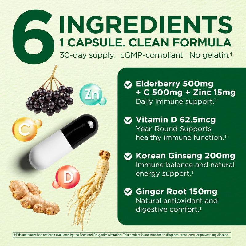 Immune Support 6-in-1 – Elderberry, Ginger, Korean Ginseng, Vitamin C 500mg, D3 2500IU, Zinc | Vegan Capsules – 1 Month Supply | Innervis Nutrition